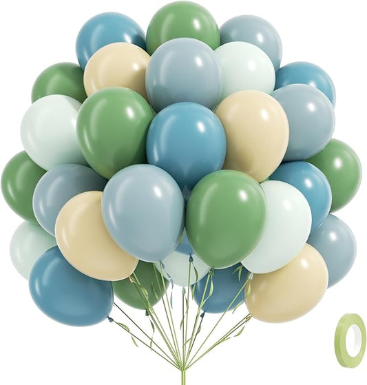 60pcs Blue and Green Balloons - Sage, Dusty Blue, Pastel Green, Nude for Bridal, Woodland, Birthday, Baby Shower Decorations
