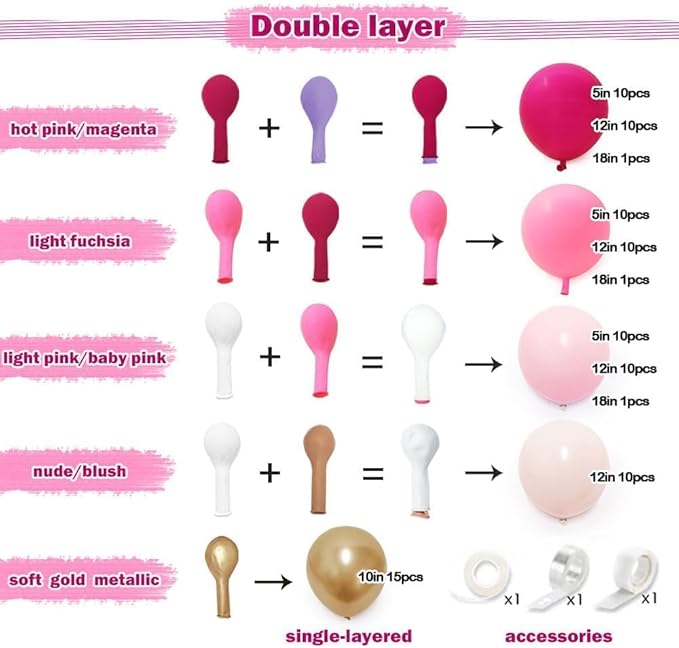 Hot Pink Balloon Arch Kit Double Stuffed, Dark Light Pink Magenta Blush Gold Balloon Garland for Birthday Baby Shower Wedding Mother's Day Cheetah Bridal Shower Party Decoration