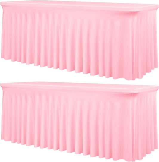 2 Packs Pink Stretch Table Skirts for 6 Foot Rectangle Table, Washable Spandex Stretch Tablecloths with Skirt, Wrinkle Resistant Fitted Tablecover for Wedding Party Banquet
