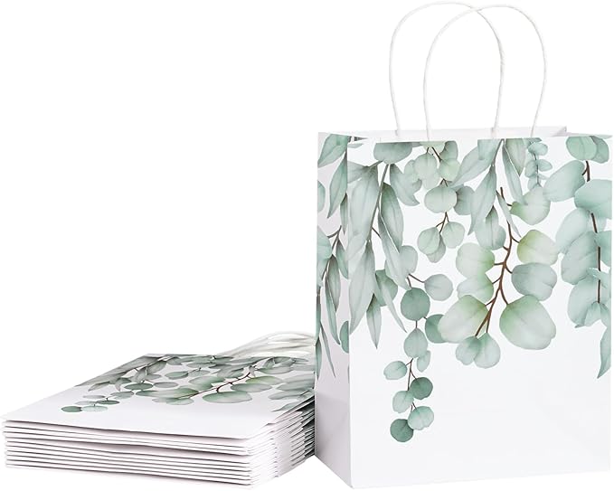 Loveinside Eucalyptus Leaves Paper Gift Bag, Delicate Green Leaves Deisgn with Handles Grocery Shopping Bags Candy Goodie Bags for Birthday, Wedding, Spring, Mother's Day, 8" x 4" x 10", 12 Pcs