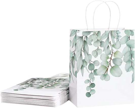 Loveinside Eucalyptus Leaves Paper Gift Bag, Delicate Green Leaves Deisgn with Handles Grocery Shopping Bags Candy Goodie Bags for Birthday, Wedding, Spring, Mother's Day, 8" x 4" x 10", 12 Pcs