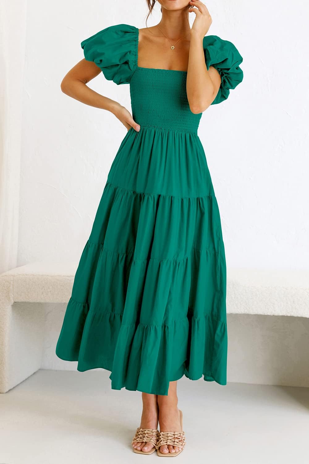PRETTYGARDEN Women's Casual Summer Midi Dress Puffy Short Sleeve Square Neck Smocked Tiered Ruffle Dresses