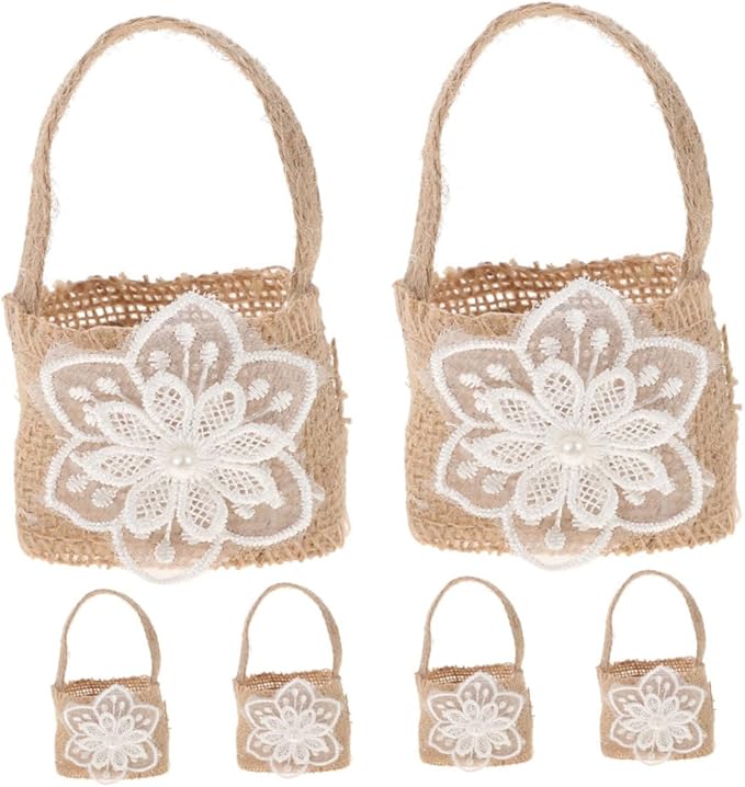 BESPORTBLE Mini Burlap Flower Girl Basket with 6pcs Linen Candy Bags Rustic Wedding Floral Party Favor Basket for Ceremony and Event Decoration