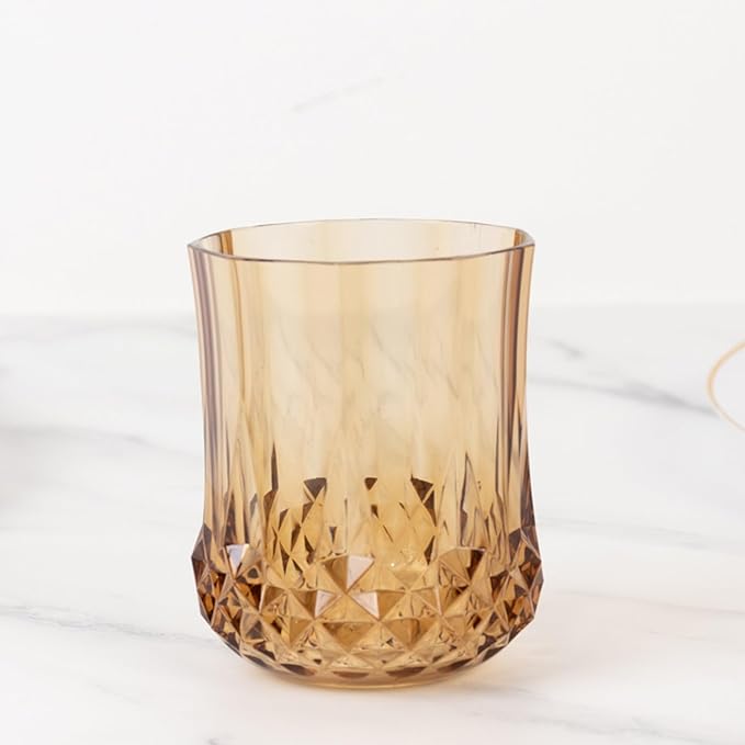 Efavormart 6 Pack Amber Gold Crystal Cut Plastic Stemless Wine Glasses, 8oz Shatterproof Reusable All-Purpose Whiskey Cups