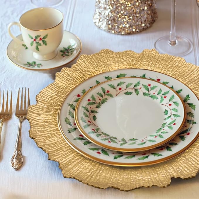 6Pcs Reef Charger Plates, Plastic Dinner Plate Chargers Round Server Ware, Gold