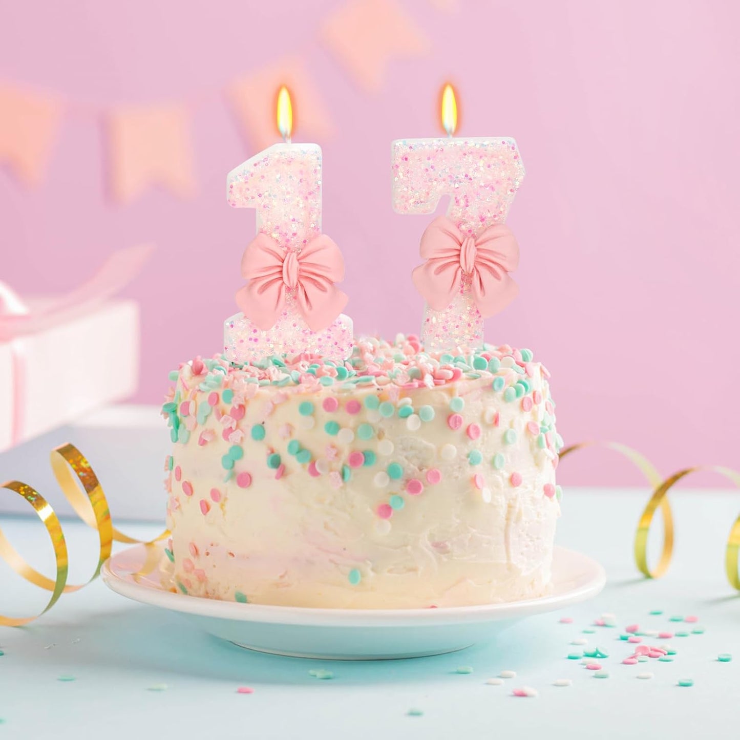 Number 17 Pink Bow Birthday Candle, 3" Tall, Smokeless, Non-Toxic, Modern Style, Celebration Decoration
