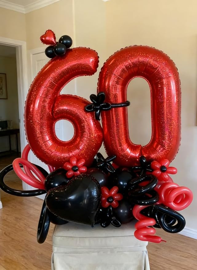 Laser Red Number Balloon 40 Inch, 0 Number Balloons, 10 20 30 40 50 Numbers Balloon Birthday Decorations, Party Supplies for Women