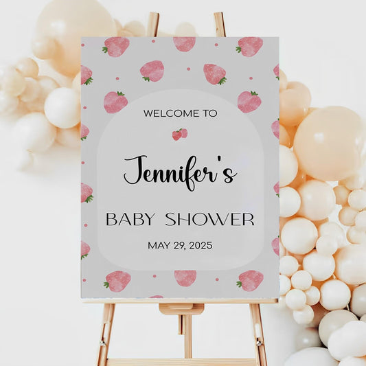 Editable Baby Shower Signs For Girls, Pink Strawberry Welcome Sign For Baby Shower, Baby Shower Welcome Sign, Baby Shower Sign With Stand, Baby Shower Signs For Yard