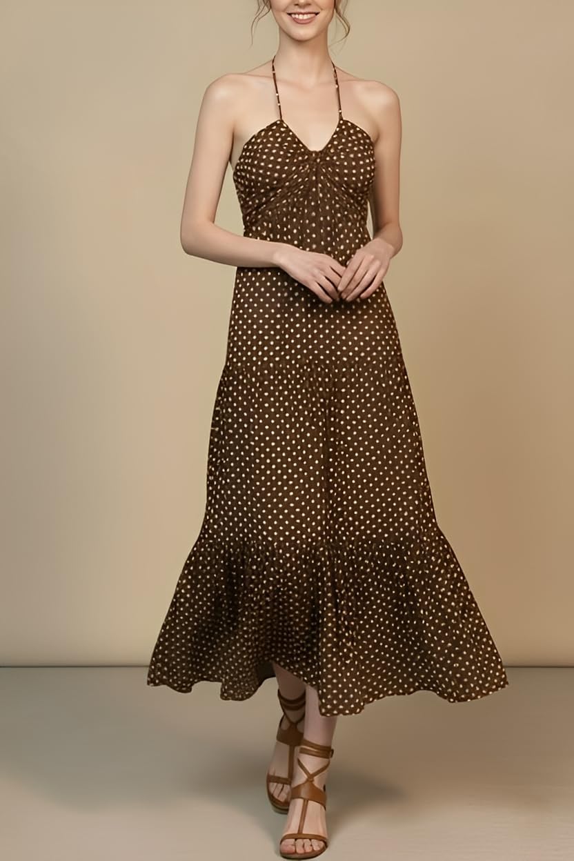 Women's Casual Halter Tiered Vacation Maxi Dress with Pockets