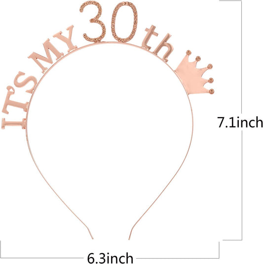 30th Birthday Headband & Sash Set | Rose Gold Rhinestone Crown + "It's My Birthday" Sash
