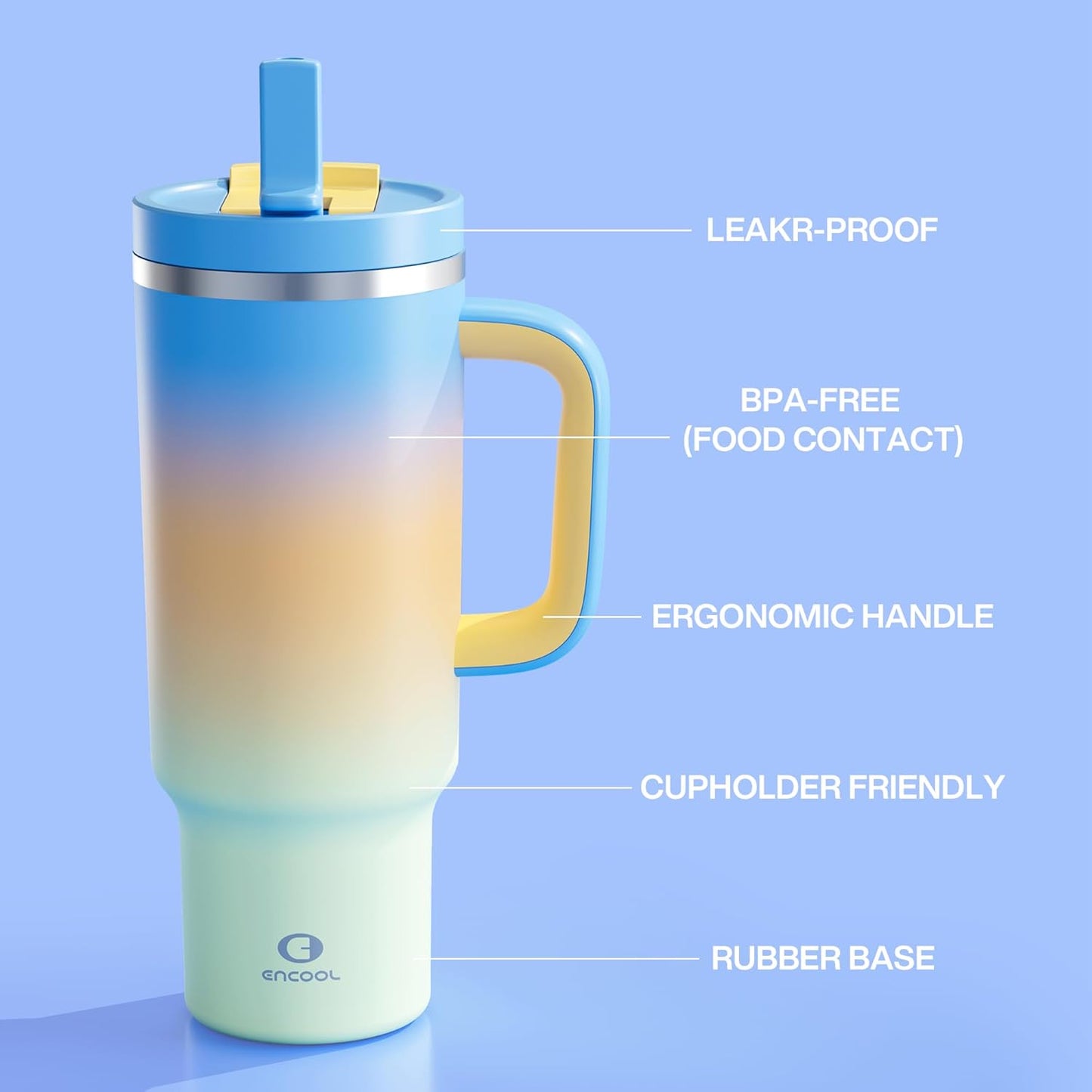 40 oz Tumbler with Handle and Straw: Stainless Steel Insulated Tumbler Keeps Cold for 24 Hours, Leakproof Travel Cup Fits in Cup Holder and BPA-Free, Sunny Breeze