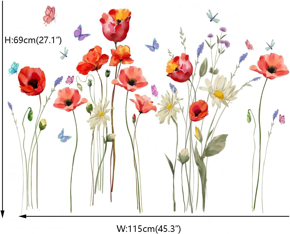 Runtoo Poppy Flowers Art Stickers Butterfly Floral Wall Decals for Living Room Bedroom Decor