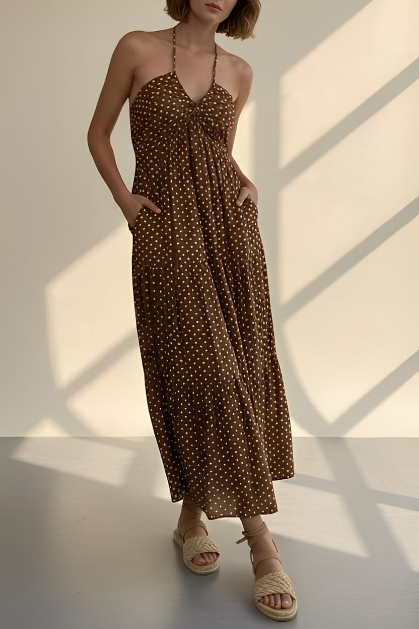 Women's Casual Halter Tiered Vacation Maxi Dress with Pockets
