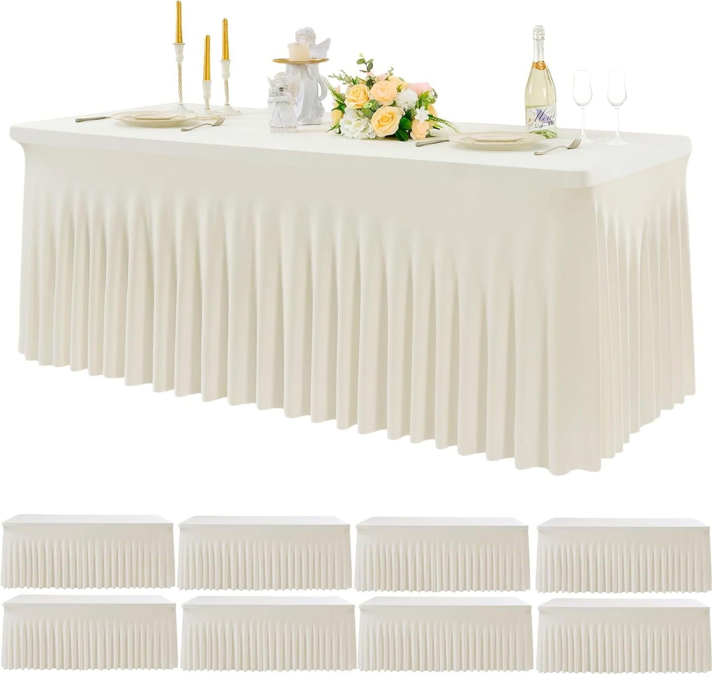 Leegleri 8 Pack Ivory Spandex Table Clothes for 6ft Rectangle Tables, Wrinkle Free Fitted Tablecloths for Parties, Weddings, Banquets, Baby Showers