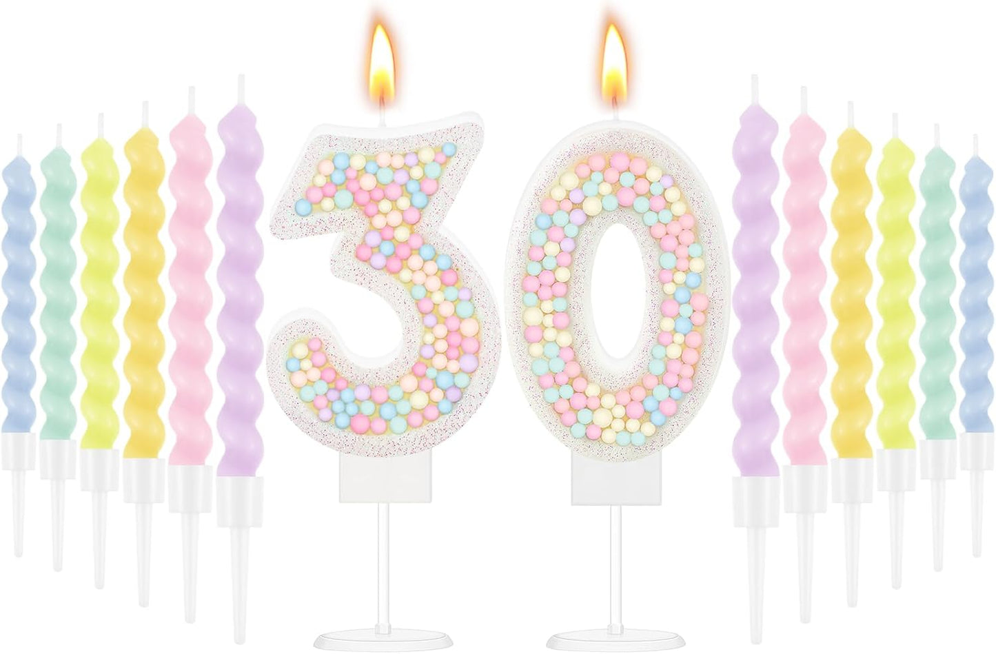 MTLEE Number 30 Birthday Candle with 12 Pcs Spiral Candles for Girls Macaron Pastel Rainbow Unicorn Pink Cake Topper for Sweet Theme Party Decoration