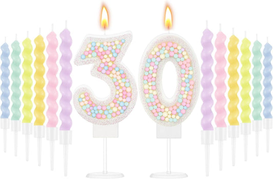 MTLEE Number 30 Birthday Candle with 12 Pcs Spiral Candles for Girls Macaron Pastel Rainbow Unicorn Pink Cake Topper for Sweet Theme Party Decoration