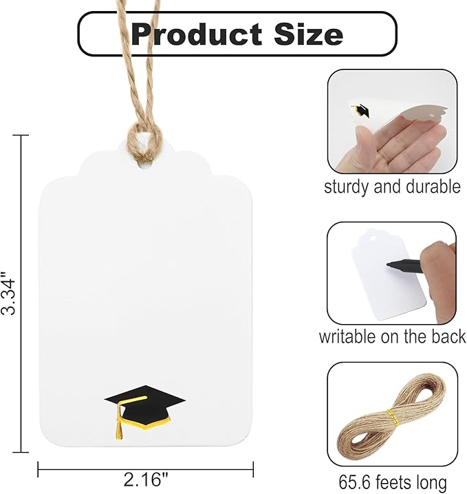 ASYEHJNR 100Pcs Blank Gift Tags with String Foil Black Gold Grad Cap Large Paper Gift Tags with 65 Ft Jute Twine for Congratulations Graduation Congrats Grad Class of 2025 Party