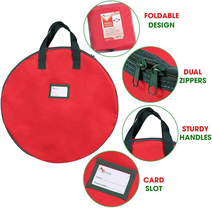 Primode Christmas Wreath Storage Bag 30" - 2 Pack Artificial Wreath Container - Garland Holiday Xmas Wreaths Holder - Sturdy Handles - Card Slot Dual Zipper Strong 420D Oxford (30 Inch, Red)