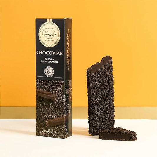 Venchi Chocoviar Soft Bar 7.05 oz - Extra Dark chocolate Shell filled with Cuor di Cacao with Chocoviar 75% - Gluten Free - Vegan Friendly