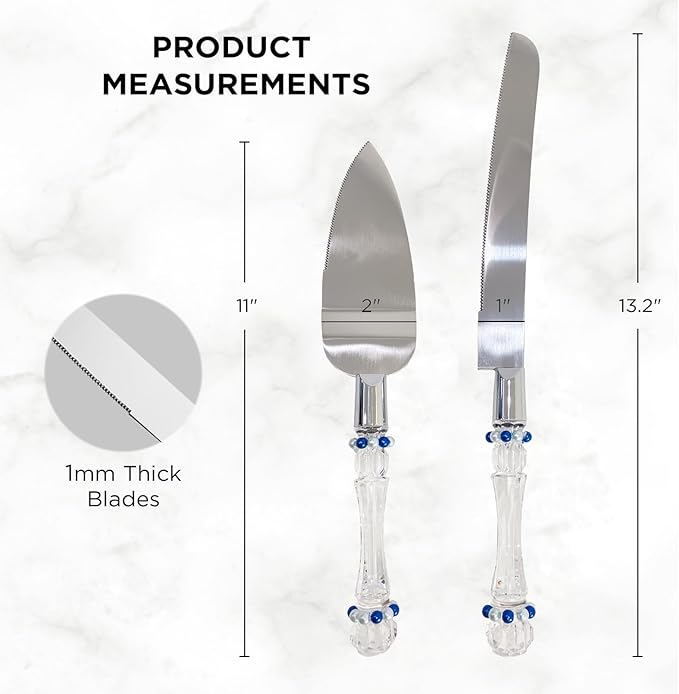FISHBONE Stainless Steel Wedding Cake Knife and Server Set with Delicated Nautical Blue Rings Design - Perfect Cake Cutting Set for Weddings and Special Occasions