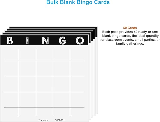 Carewon 50 Blank Bingo Cards, 9" x 9", Large - Disposable Paper Bingo Sheets for Classroom, Parties & Events