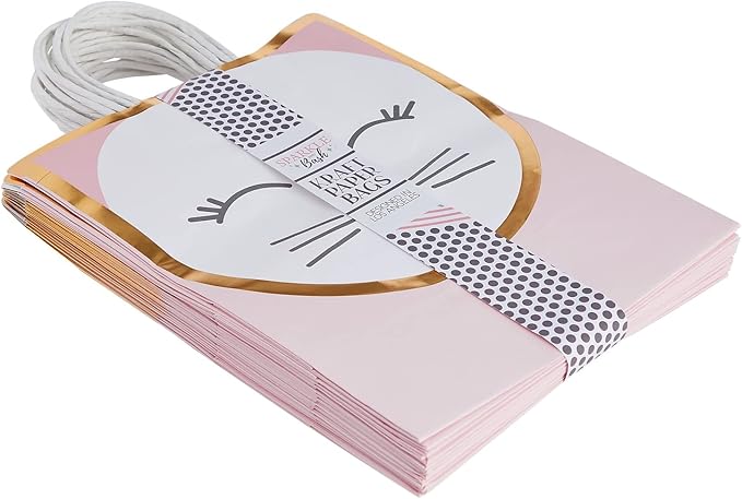 Sparkle and Bash Cat Gift Bags for Birthday Party Favors - 8 x 10 x 4.7 in, Pack of 15 & 20 White Tissue Sheets - Kitten Party Bags & Candy Treat Pouches