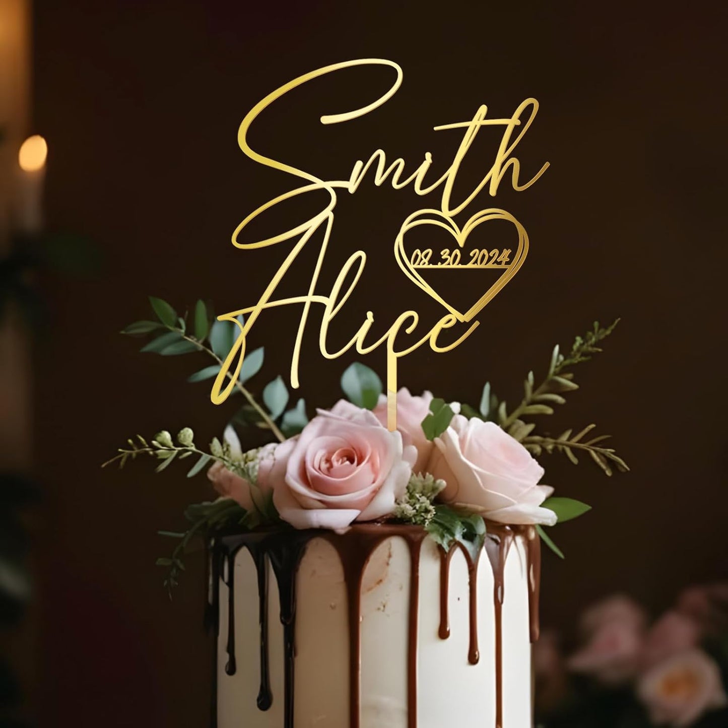 Wedding Cake Topper Custom Bride & Groom's Names and Wedding Date in Heart Personalized Cake Decoration in Acrylic