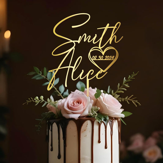 Wedding Cake Topper Custom Bride & Groom's Names and Wedding Date in Heart Personalized Cake Decoration in Acrylic