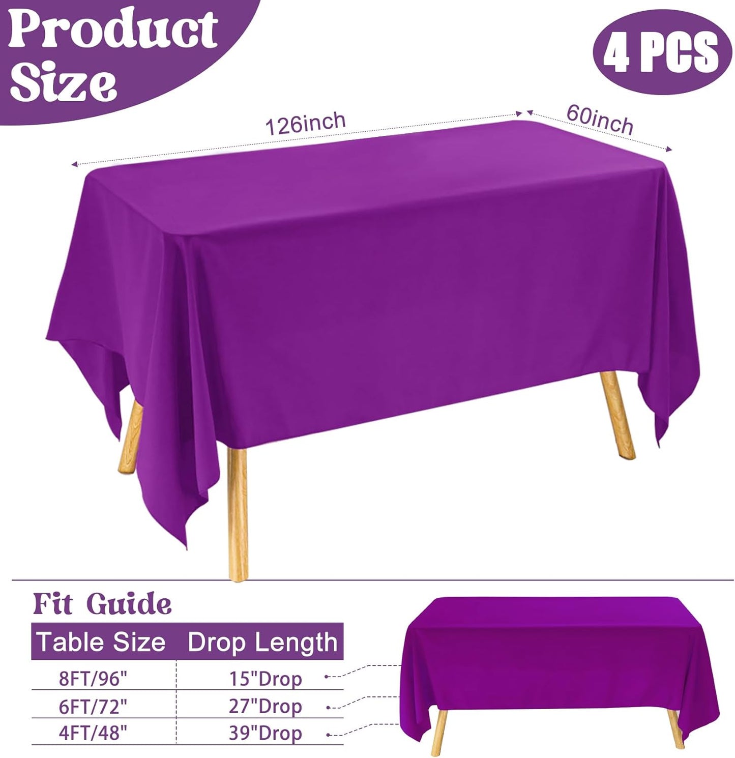 4 Pack Rectangle Tablecloth 60x126 Inch Purple Washable Polyester Table Cover for Wedding Dining Table Buffet Parties Banquet Decoration（Purple）