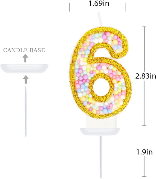 6th Birthday Candle for Cake, Colorful Macaron Numeral Candles for Girls/Boys, Birthday Party Cake Decorations, Golden Cake Topper for Birthday Party Supplies (Number 6)
