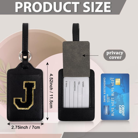 Personalized Initial Luggage Tags for Suitcases, Leather Chenille Letter Cute Luggage Tags with Privacy Name Card, Embroidered Travel Bag Backpack Tags Gifts for Women Kids Girls Teens(Black-J)