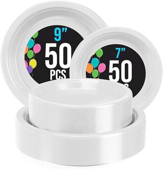 Party Solids White Plastic Plates For Party Supplies, White Disposable Plates 100 Pieces - 50-7" & 50-9" Heavy Duty 350 GSM Disposable Dinnerware Sets, Plastic Dinnerware Sets