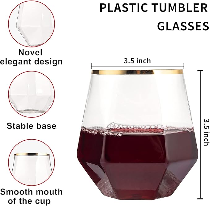 LUODA MirthMood 32 Pack Gold Plastic Stemless Wine Glasses, 12 Oz Disposable Diamond Shaped Wine Glasses, Clear Plastic Whiskey Glasses with Gold Rim for Spring Wedding,Birthday Party