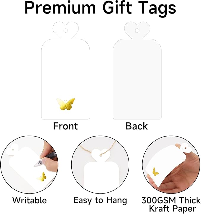 joycraft 100Pcs Gift Tags with String, 4x2 in Blank Tags with Gold Foil Butterfly, White Paper Labels for Birthday, Wedding, Baby Shower, Valentine’ s Day, Christmas