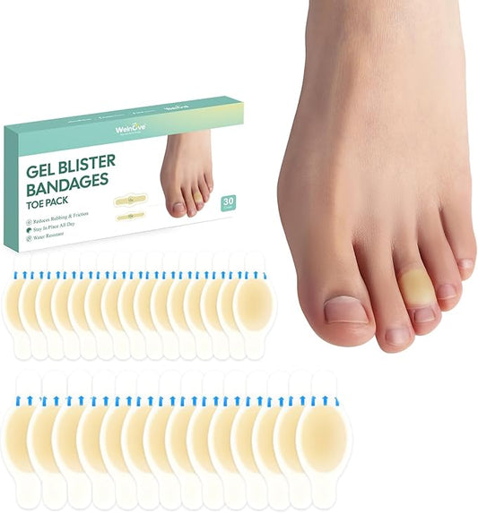 Gel Blister Bandages Hydrocolloid Bandages - Welnove 30ct Blister Cushions (Toe Pack) - Blister Bandages for Heel, Toe & Foot - Blister Pads for Prevention & Recovery - Water Resistant Bandages
