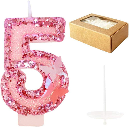 Birthday Candles Number 5,Pink Glitter Happy Birthday Cake Candles Handmade Sequin Numeral Candle