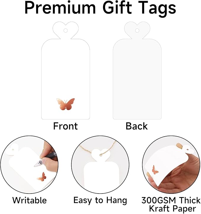 joycraft 100Pcs Gift Tags with String, 4x2 in Blank Tags with Rose Gold Foil Butterfly, White Paper Labels for Birthday, Wedding, Baby Shower, Valentine’ s Day, Christmas