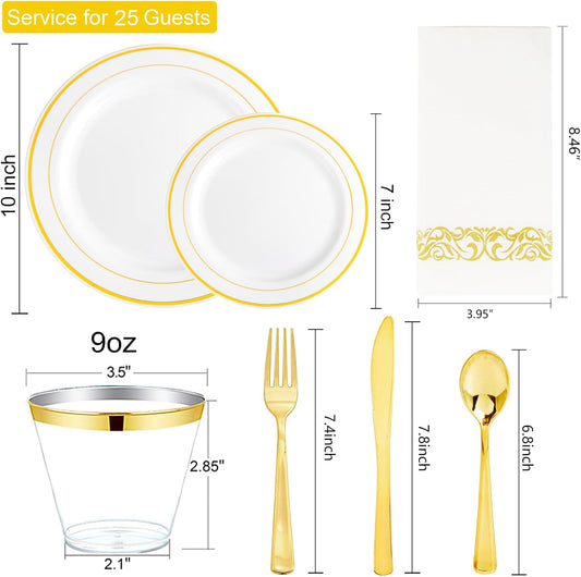 175 Pcs Gold Dinnerware Set, Plastic Plates Disposable for 25 Guests Include:25 Gold Rim Dinner Plates, 25 Dessert Plates, 25 Paper Napkins, 25 Cups, 25 Silverware Set Perfect for Party