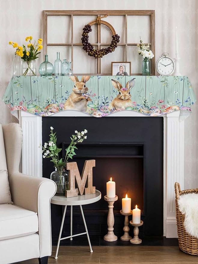 Bunny Easter Fireplace Mantel Scarf Table Runner,Eucalyptus Leaves Floral Eggs Weeping Wooden Winter Garland Mantel Top Tablerunners Dresser Scarves Cover for Windows Party Living Room 60"x17"