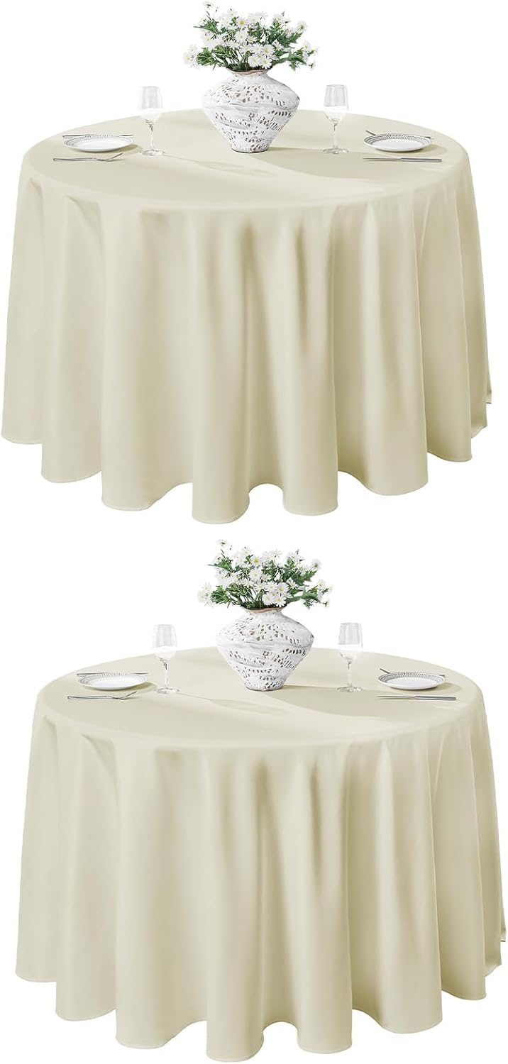 VidaFete Tablecloth 2 Pack 120inch Round Table Cloth Polyester, Stain Wrinkle Resistant Polyester Dining Table Cover for Kitchen Dinning Party Wedding Round Tabletop Buffet Decoration(Ivory)