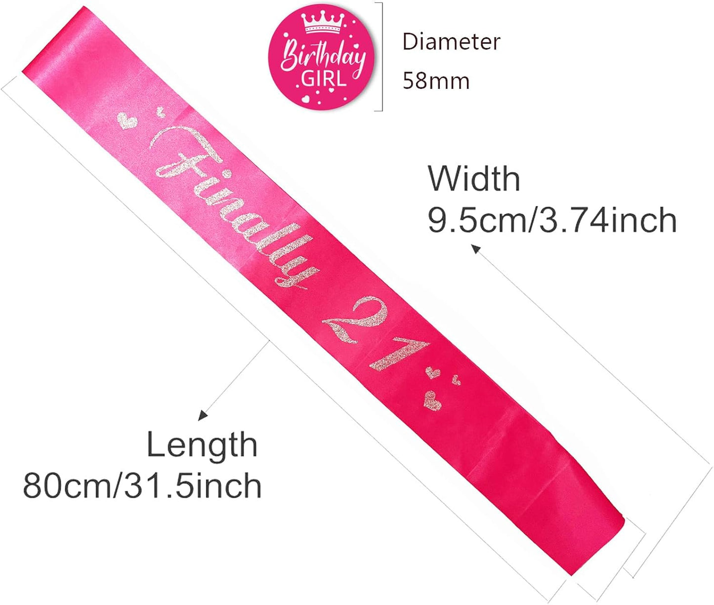 21st Birthday Sash, Hot Pink Satin Soft Sashes with Silver Glitter Letter, Birthday Decorations for Girls, Happy 21st Birthday Party Favor Supplies,hot Pink