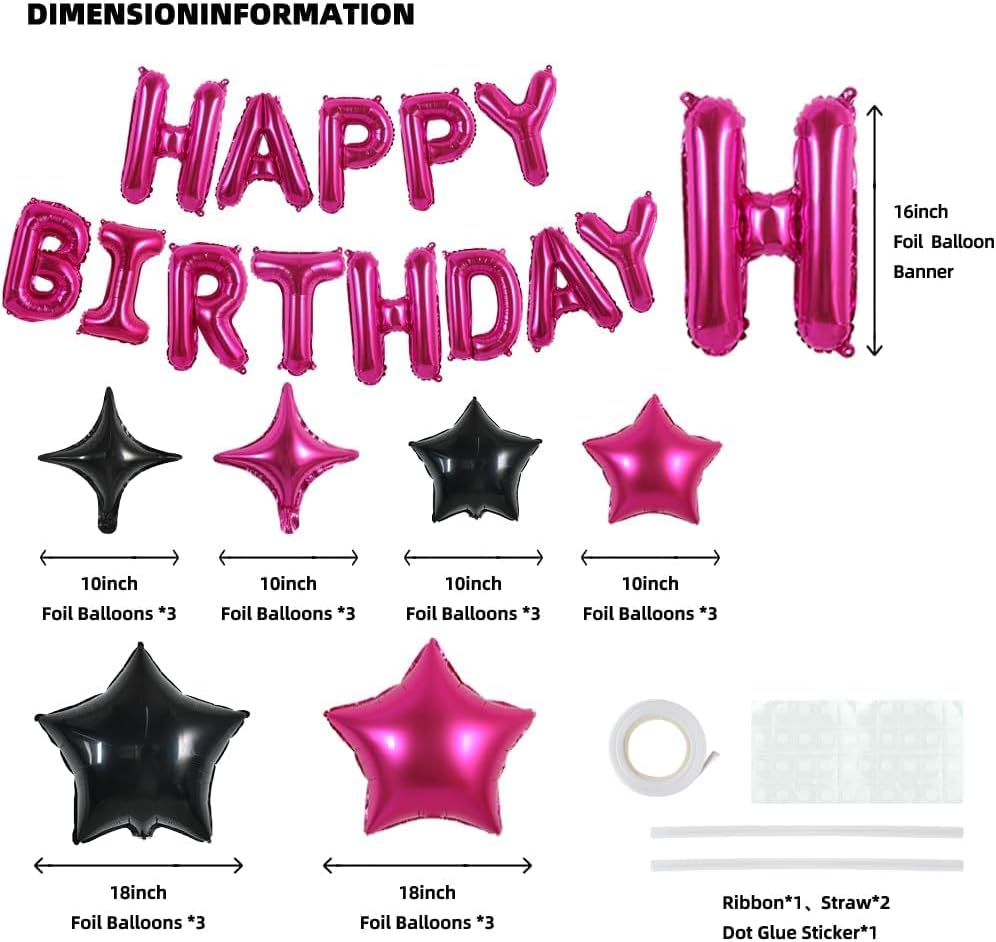 TONIFUL 35PCS 16 Inch Hot Pink Happy Birthday Balloon with Star Balloons,Hot Pink Happy Birthday Balloons Decorations for Girls Boys Kids Men Women Adults Birthday Party Decorations Supplies