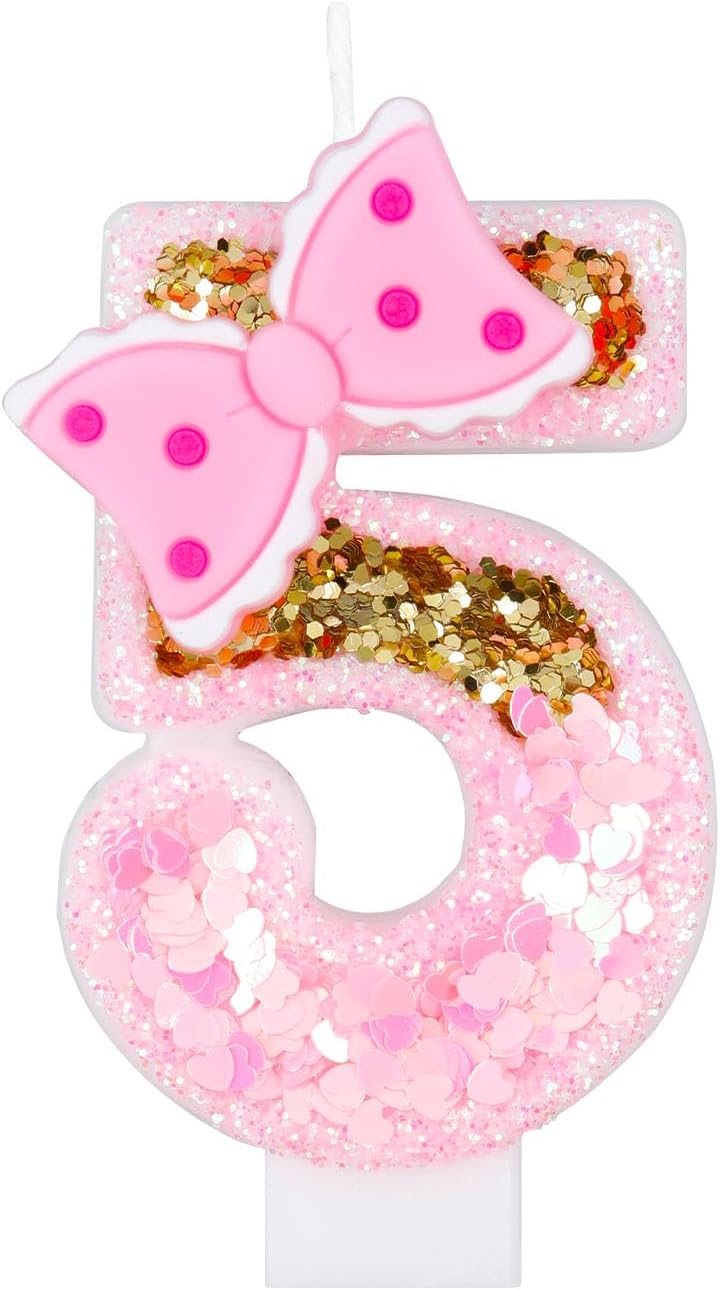 Girls Pink 5 Number Birthday Candles, Gold Glitter Pink Number Candles with Bow, Cake Number 1 Birthday Candles for Cake, Candles for Cake, Happy 5th Birthday Party Decoration Celebration for Girls