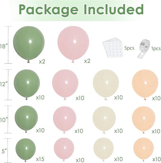 Pink and Green Balloon Arch Kit, Pink White and Green Balloon Arch Kit with Mixed Size Sage Green Pastel Pink Sand White Light Orange Balloons for Wedding Birthday Party Bridal Shower Decorations