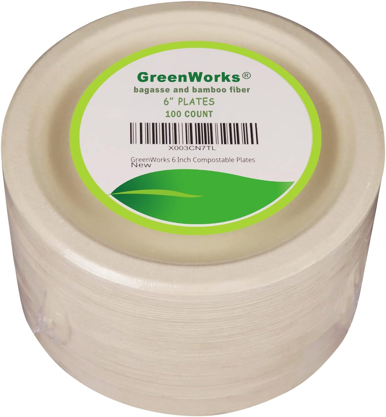 GreenWorks 100 Count 6“ Small Compostable Dessert Plates, Heavy-duty Unbleached Biodegradable Bagasse and Bamboo fiber Paper Plates