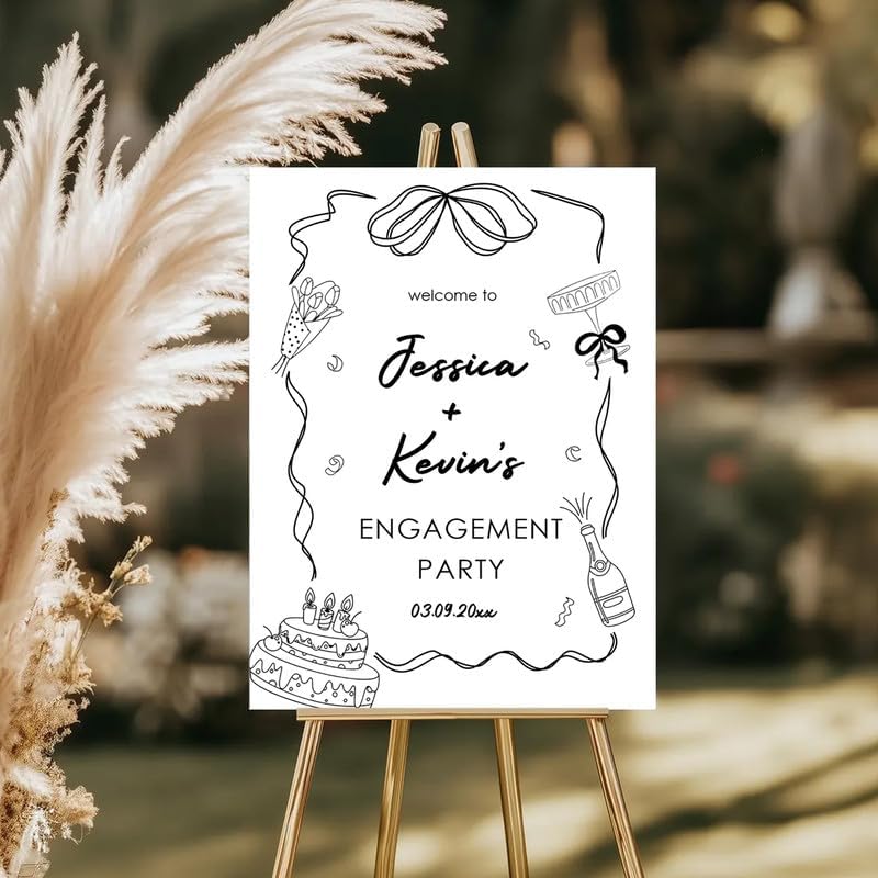 Fun & Playful Engagement Party Welcome Sign with Bow, Cake & Champagne - Custom Couples Yard Sign