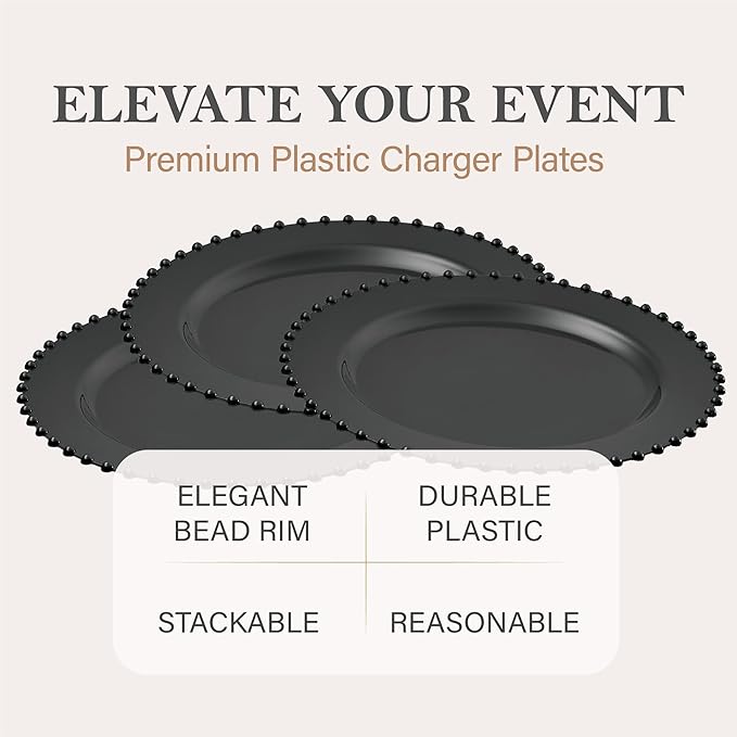 PLASTICPRO Black Plastic Charger Plates with Beaded Edge – Pack of 4 – 13" Elegant Round Disposable Chargers for Weddings, Events, Parties, and Dinners