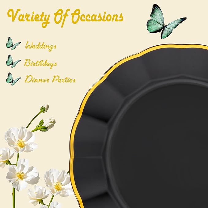 supernal 60pcs Black and Gold Birthday Plates Plastic Plates for Party and Fancy Disposable Plate Heavy Duty Scalloped Plate Wedding Disposable Dinnerware Included 30 Dessert & Dinner Plate