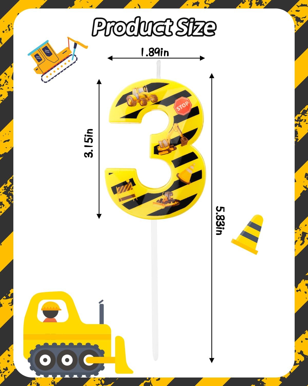 Number 3 Construction Birthday Candle, 2.68 Inch Yellow and Black Striped Candle, Birthday Candles Numbers Construction Cake Topper for Boys Girls, Construction Birthday Party Supplies Decorations