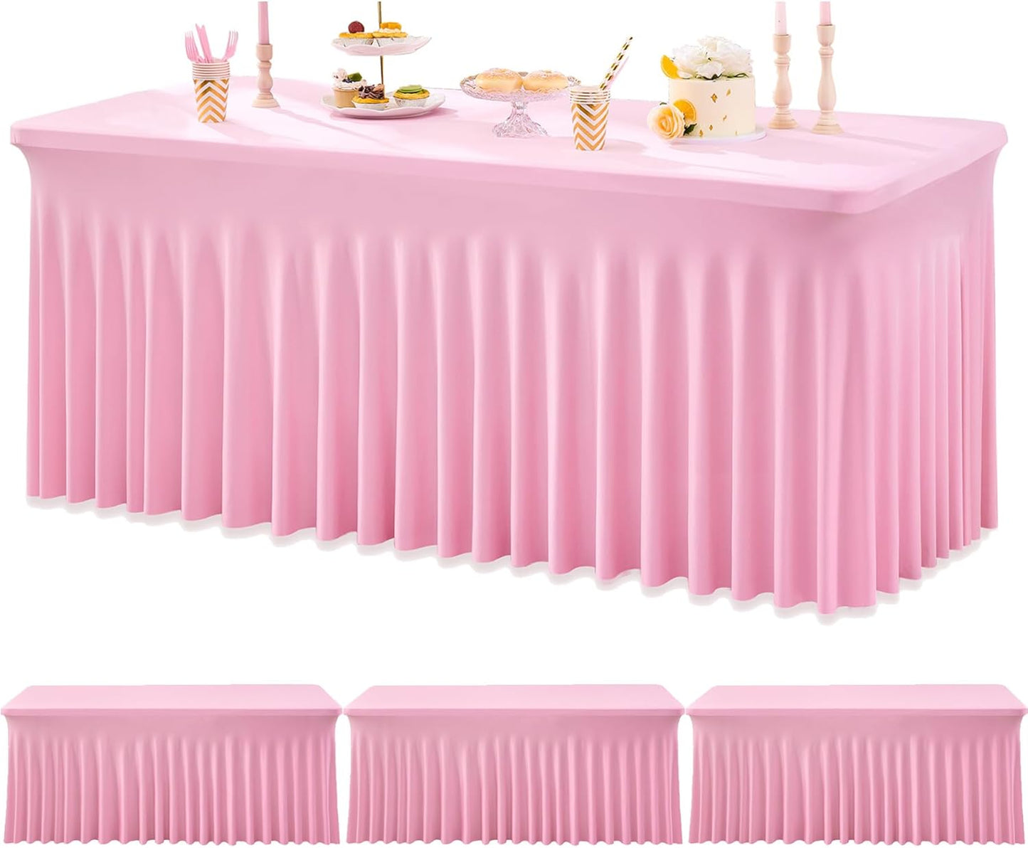 3pk Baby Pink Spandex Tablecloths for 6 Foot Rectangle Tables, Stretch Table Cloths 6FT Pink Fitted Table Cover Desk Skirt for Wedding Birthday Party Baby Shower